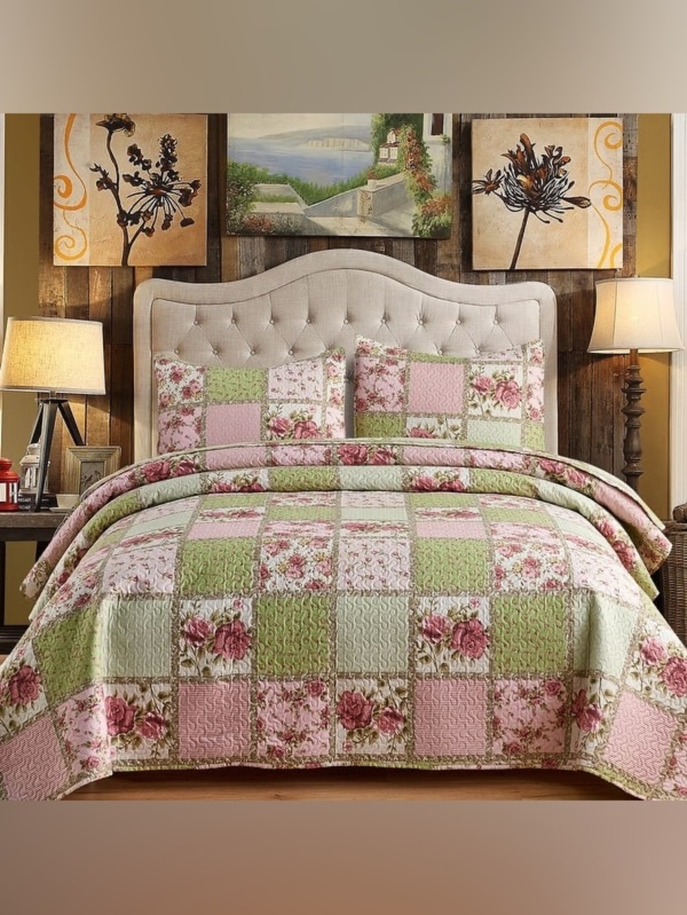 Vintage Rose Reversible Quilt Set, Bedspread, patchwork floral cottagecore JML